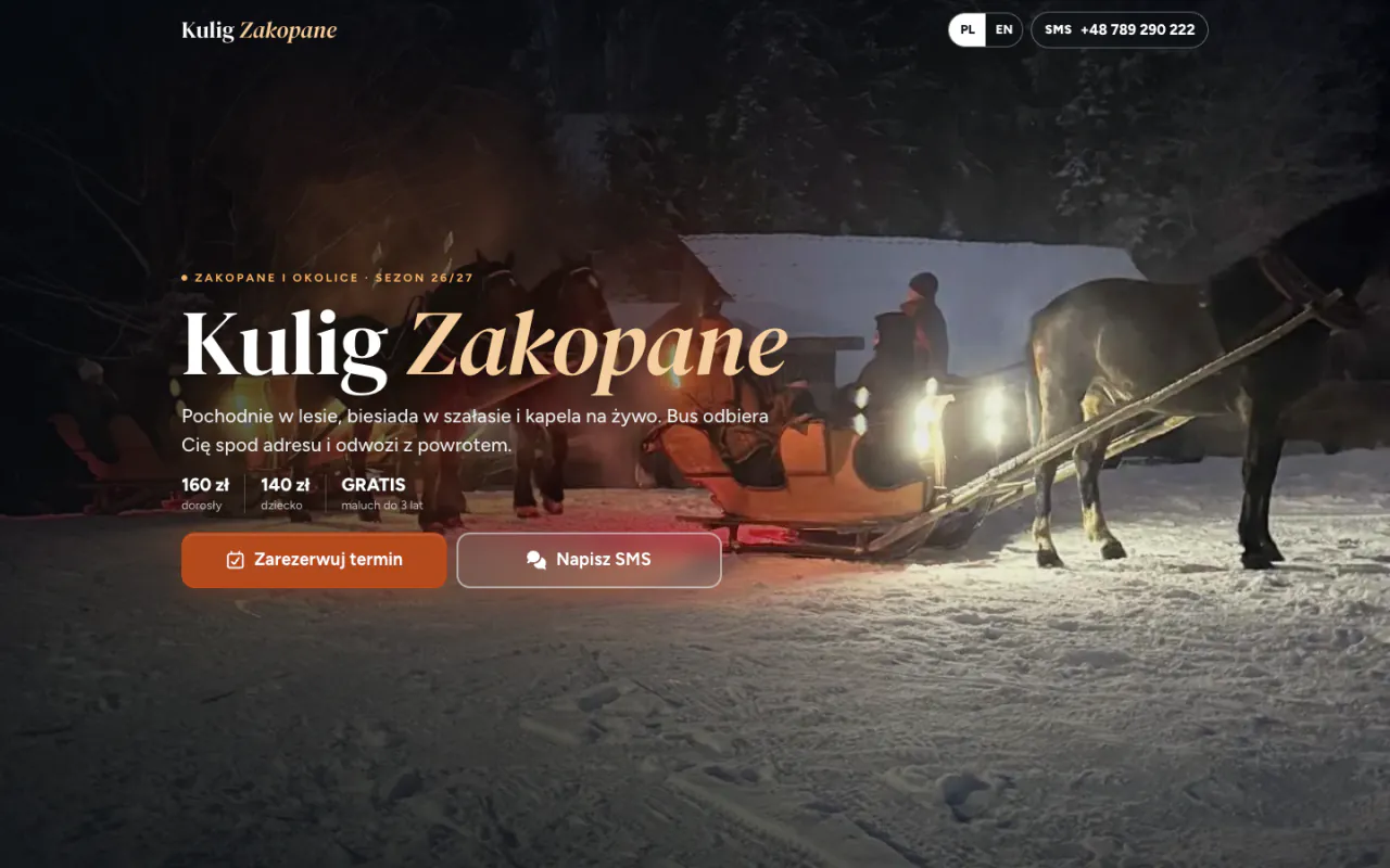 Kulig Zakopane: rezerwacje online, widok na komputerze